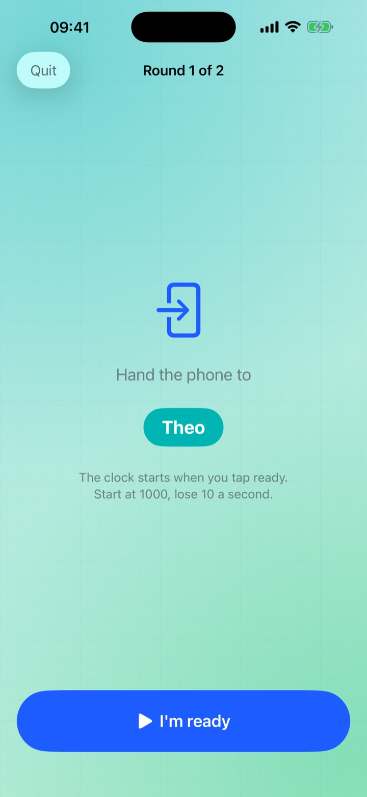 Hand the phone to the guesser &mdash; the clock starts when they tap ready