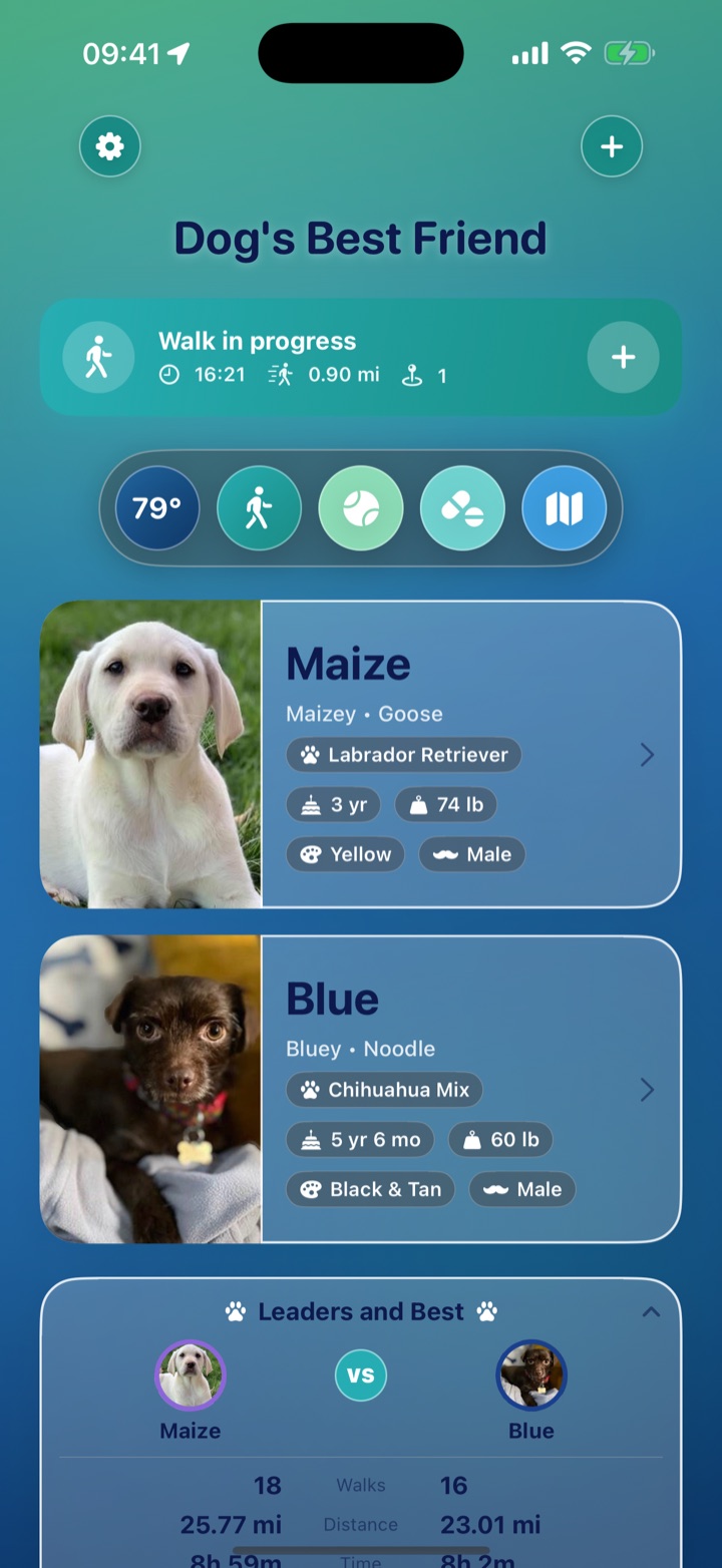 Home hub with a walk in progress — live time, distance, and pins above the dog cards and scoreboard