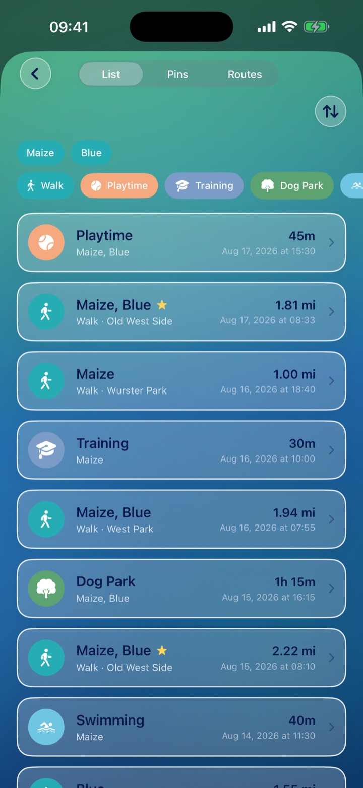 History list of walks, playtime, training, dog park, and swimming, filtered by dog and activity