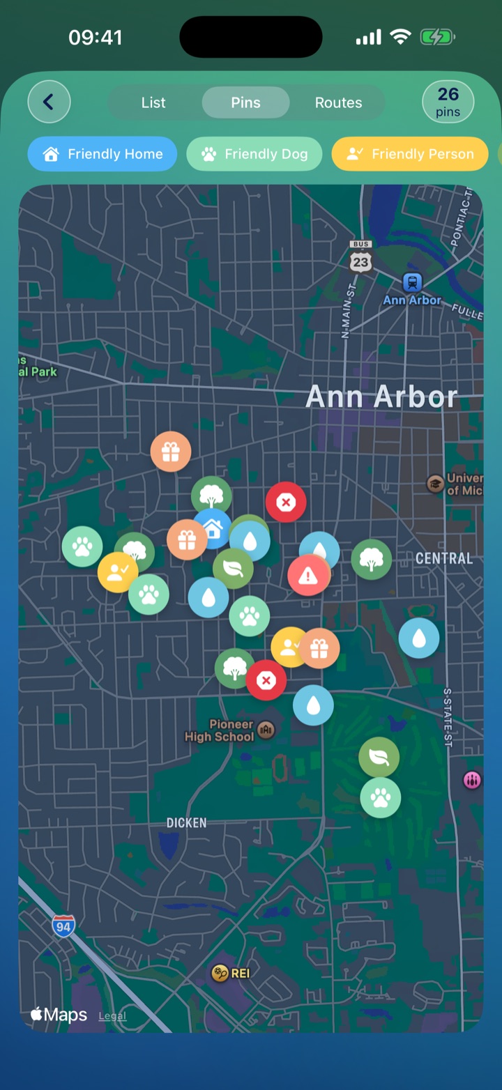 Pins map showing water bowls, dog parks, and friendly dogs dropped across the neighborhood