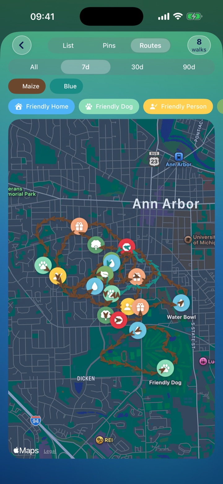 Routes map with a week of walking loops traced across the neighborhood
