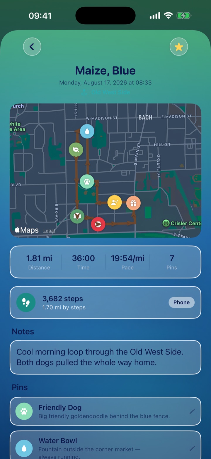 A finished walk: its route on the map, distance, pace, step count, notes, and the pins dropped along the way
