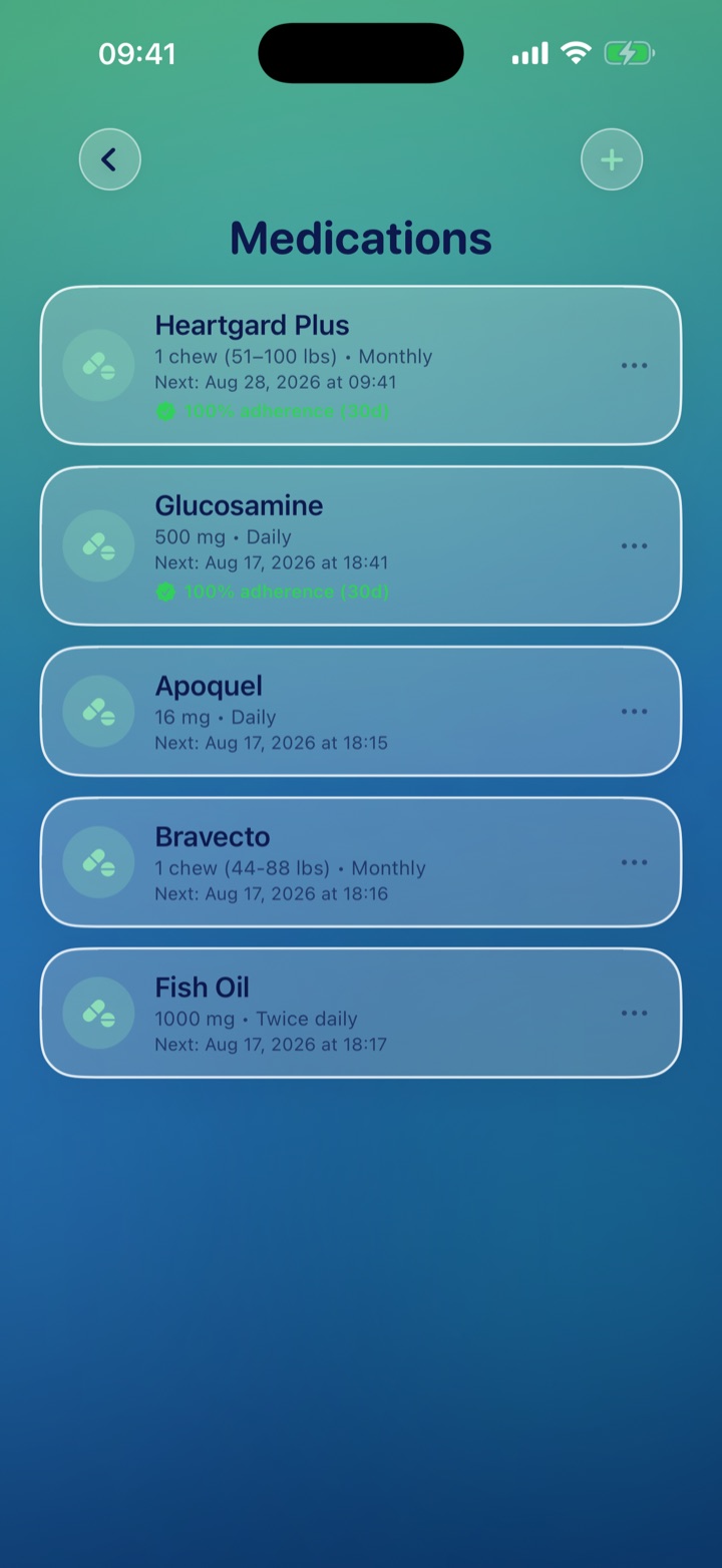 Medications list with dosage, frequency, next dose, and 30‑day adherence