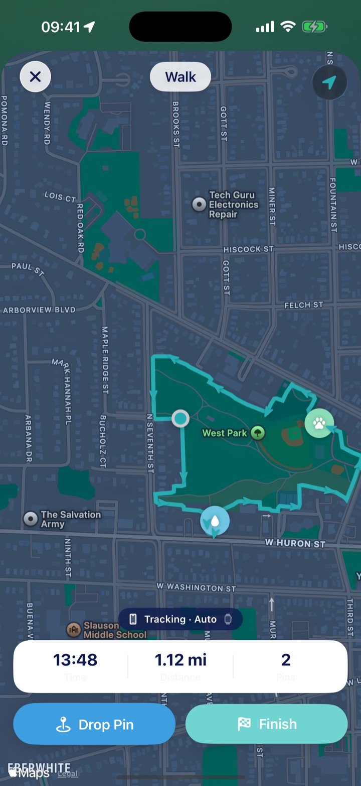 A walk in progress — the route drawing itself around West Park with pins dropped along the way