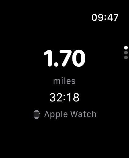 A walk in progress on the wrist — live distance and elapsed time