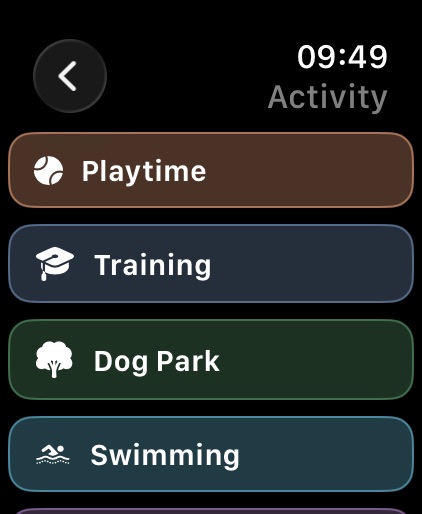 Logging playtime, training, a dog park visit, or swimming from the watch