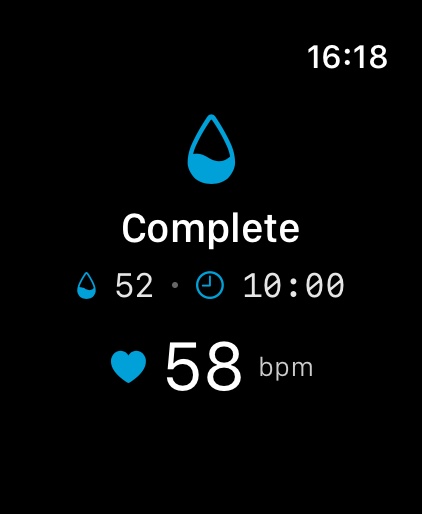 The Still Pool complete &mdash; stillness score, ten minutes practiced, and closing heart rate