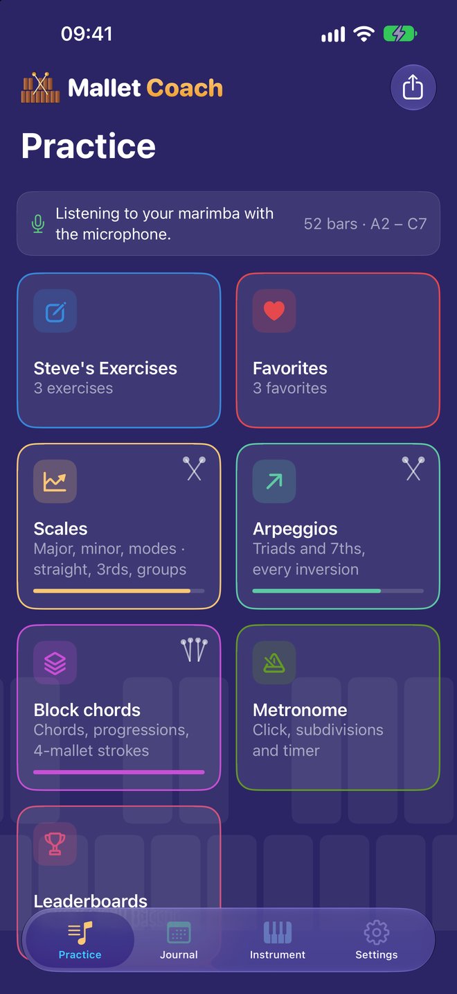 Practice: your exercises, favorites, scales, arpeggios, block chords, metronome and leaderboards
