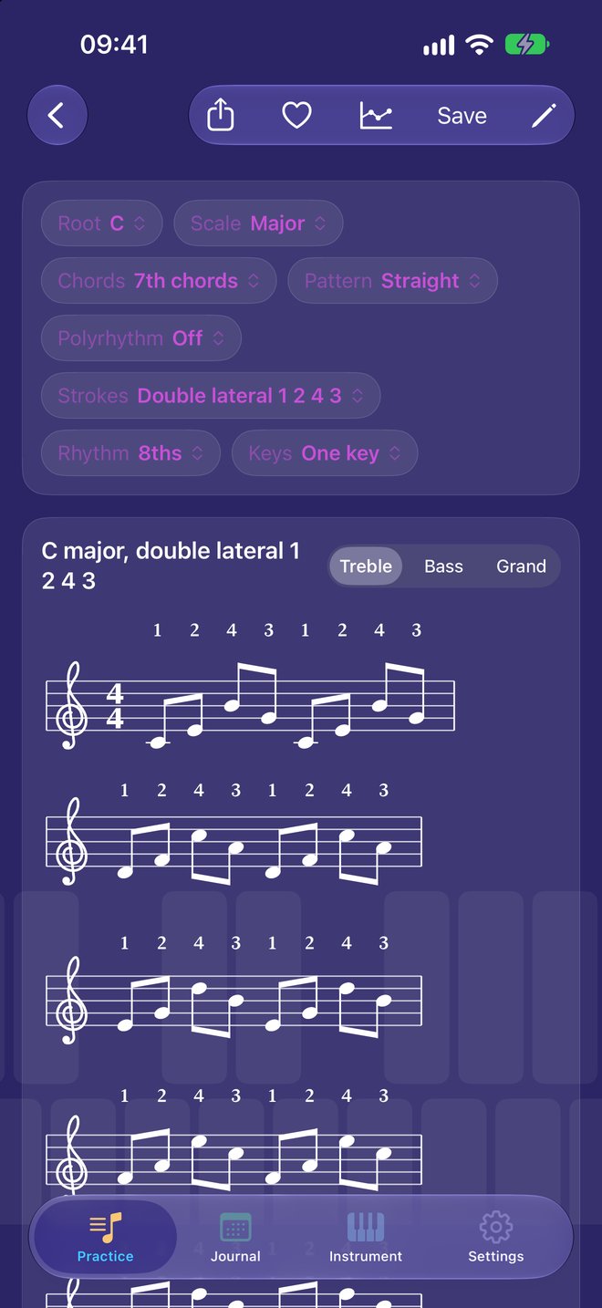 Four-mallet double lateral strokes with mallet numbers over the notes