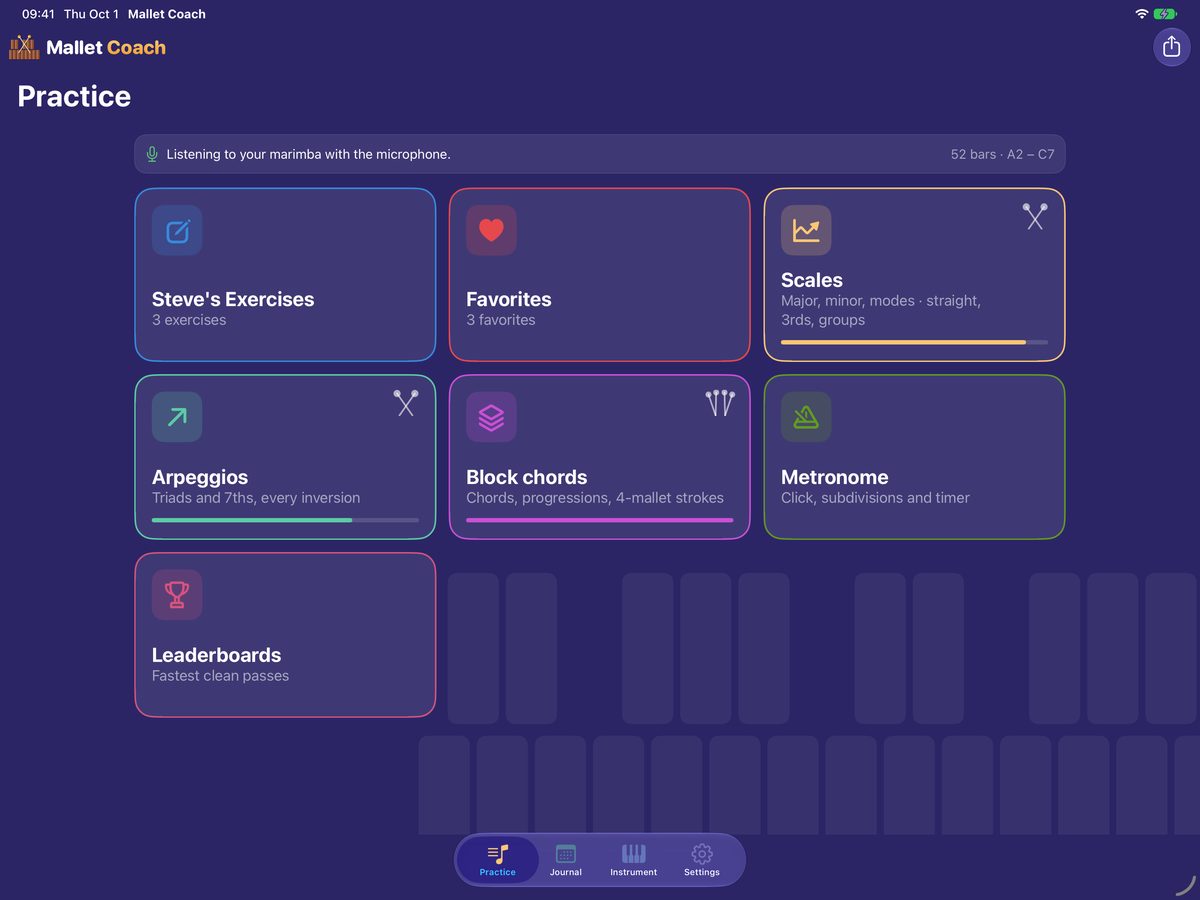 Practice on iPad: your exercises, favorites, scales, arpeggios, block chords, metronome and leaderboards