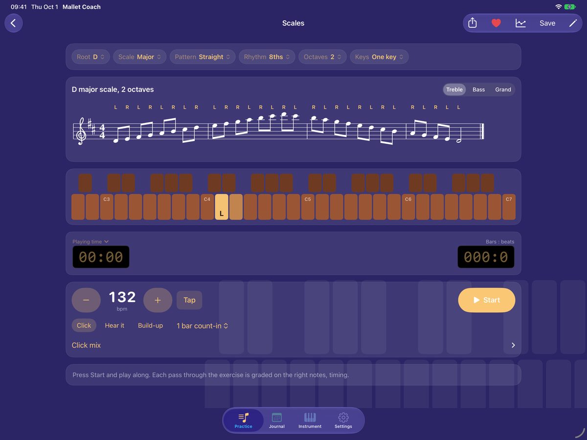 D major scale, two octaves, with stickings, the keyboard and the tempo controls side by side