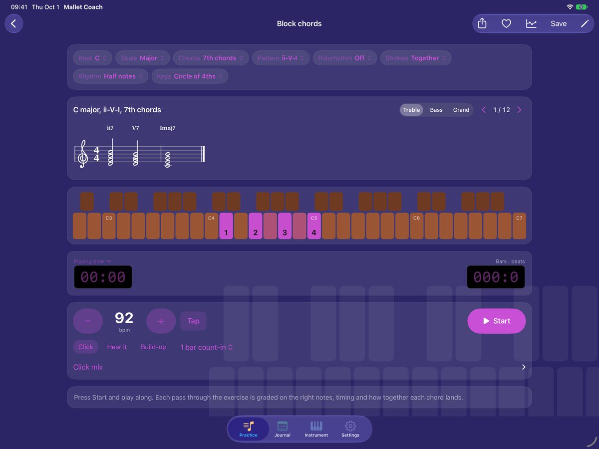 C major ii&ndash;V&ndash;I in 7th chords, with mallets 1 to 4 lit on the keyboard