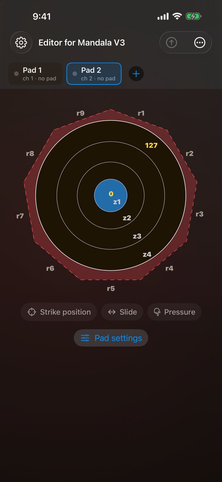 The pad editor — zones z1 to z4 and rims r1 to r9, with pad cards across the top