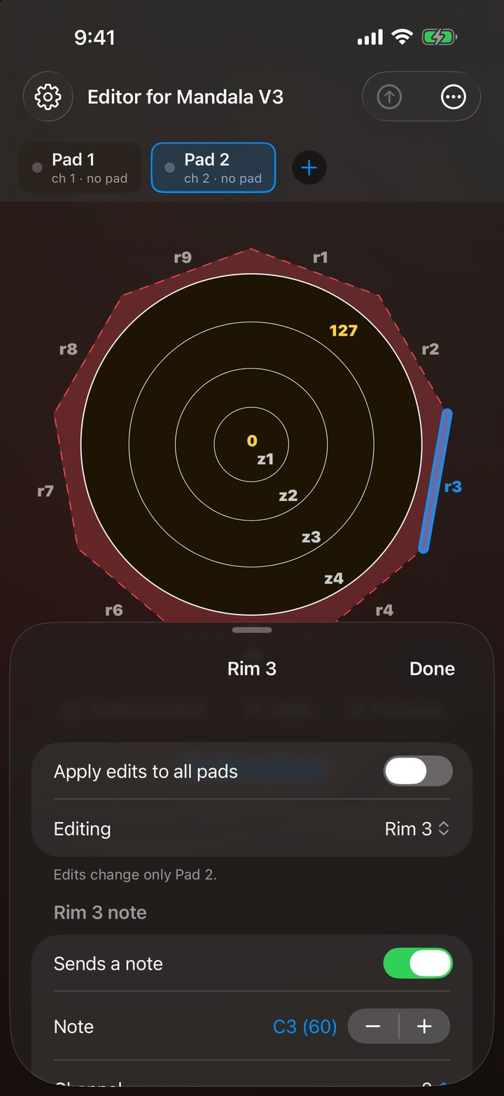 Editing rim 3 — its note, channel, and Apply edits to all pads