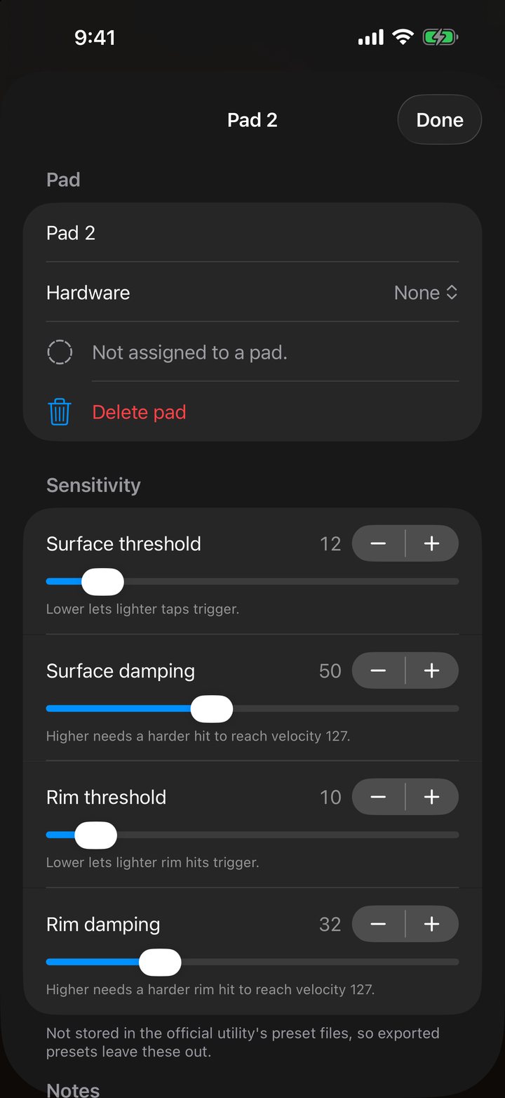 Pad settings — surface and rim threshold and damping