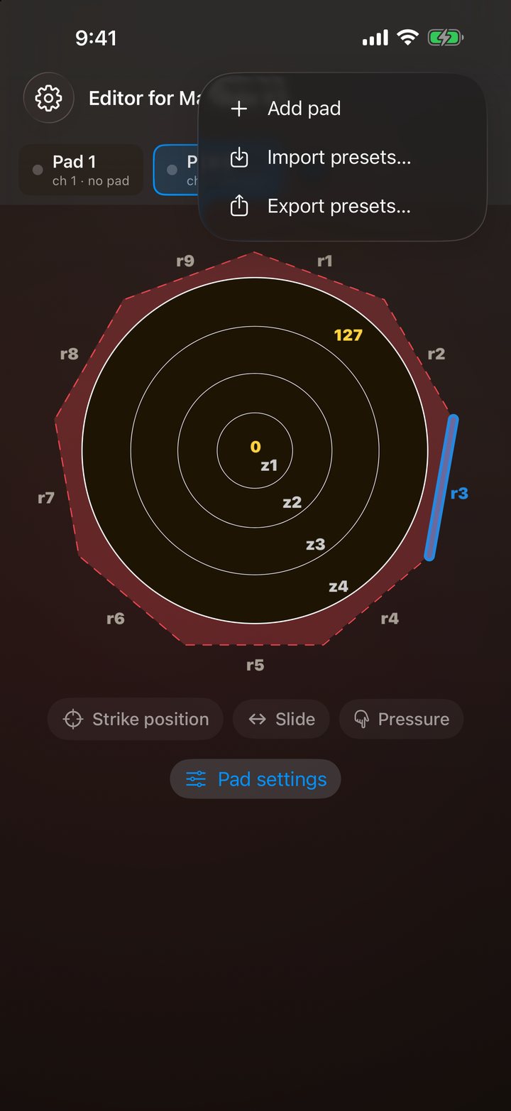 The More menu — add a pad, import presets, export presets