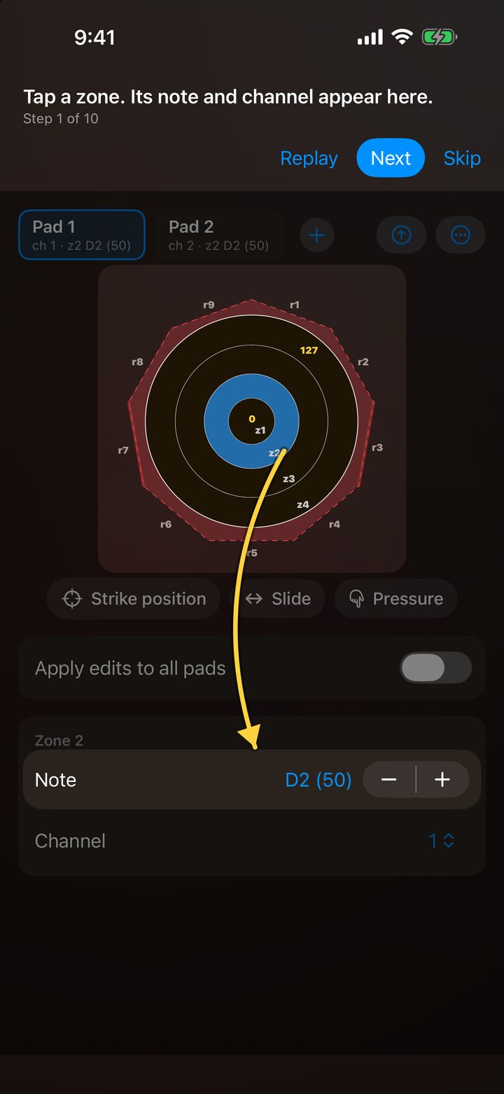 The guided tutorial pointing at a zone’s note