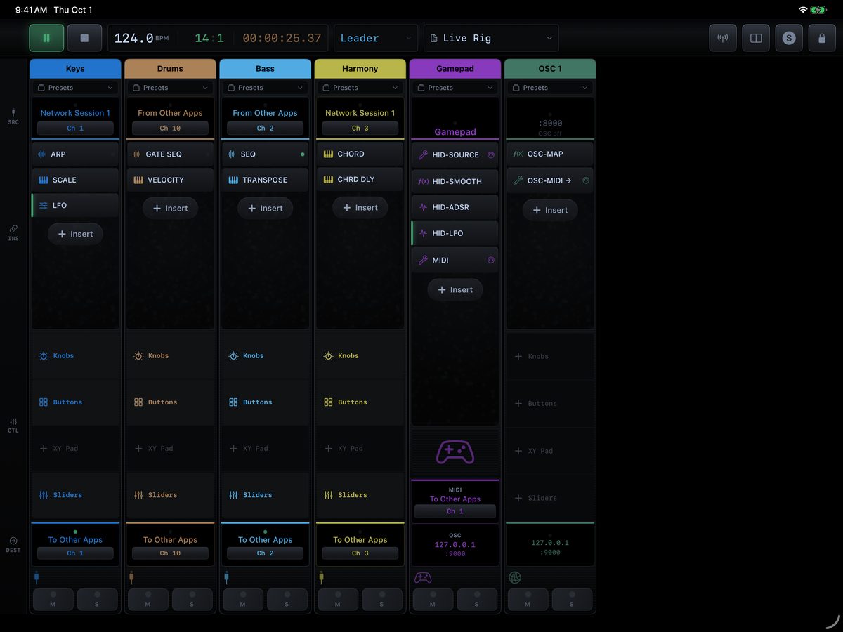 The mixer: Keys, Drums, Bass and Harmony strips with their inserts, a game-controller strip and an OSC strip