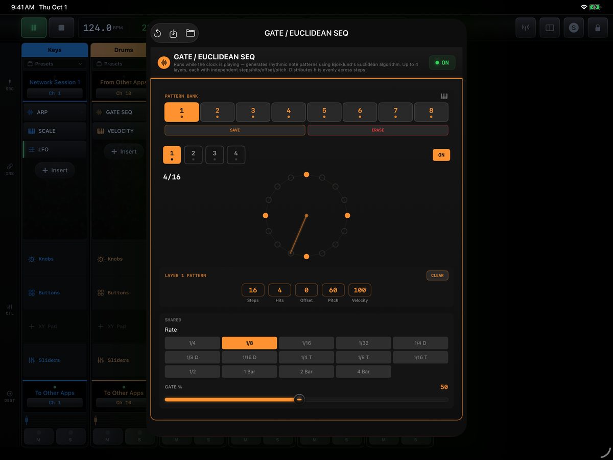 The Euclidean gate sequencer: four layers, an eight-pattern bank, steps, hits and offset on a circle