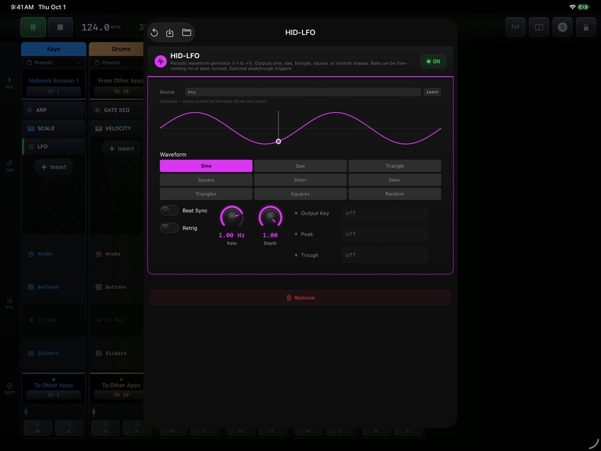 A game-controller LFO: waveform, rate and depth, beat sync and output keys