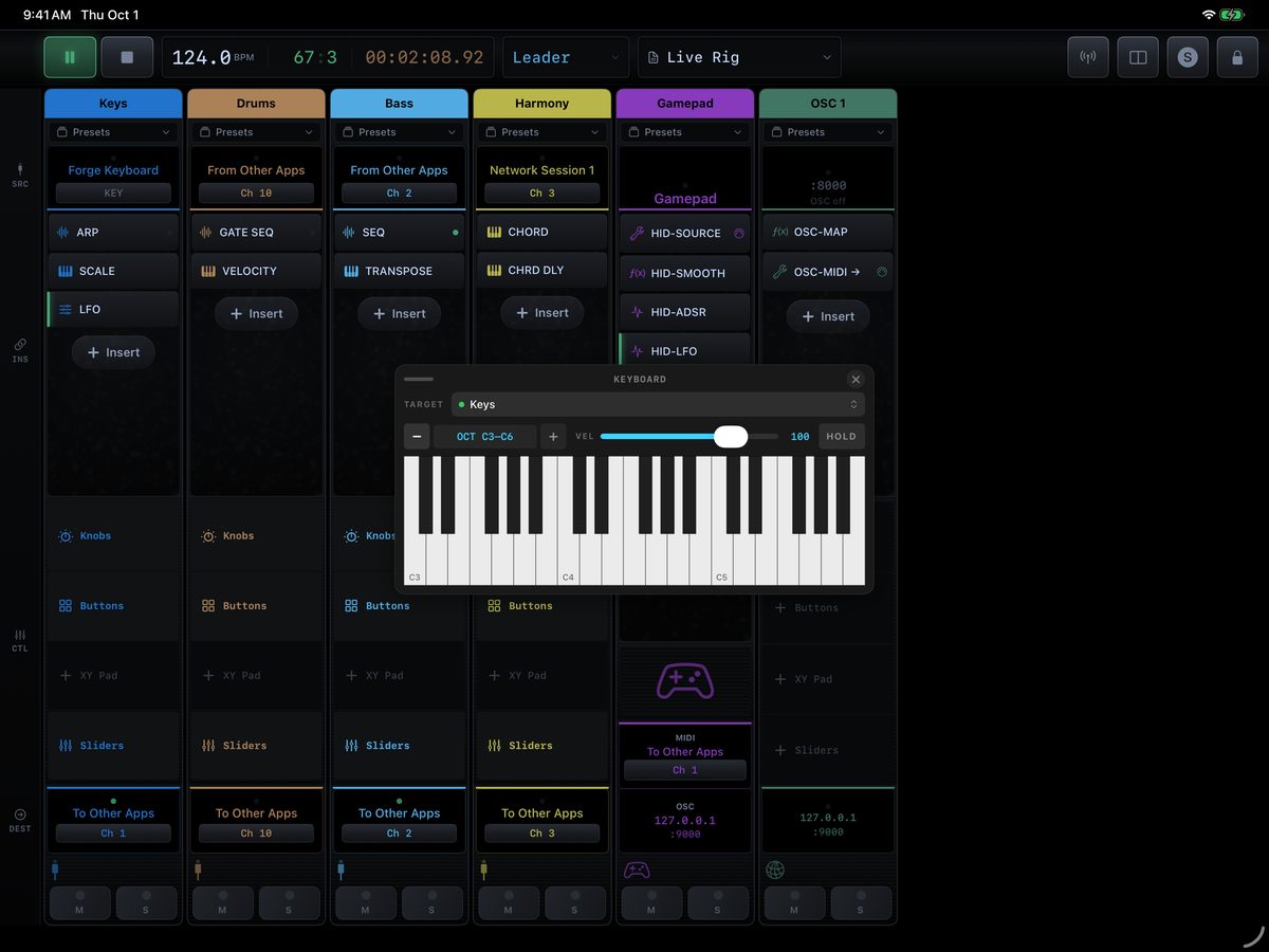 The on-screen keyboard playing the Keys strip, over the mixer