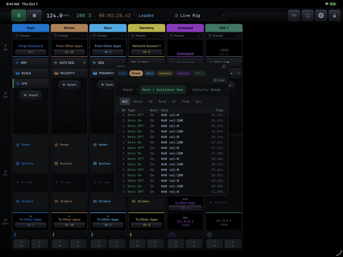 The MIDI monitor following the Drums strip after its gate sequencer