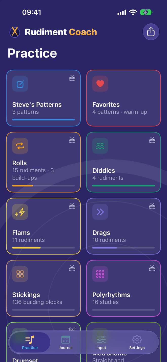 Practice: rolls, diddles, flams, drags, stickings, polyrhythms and your own patterns