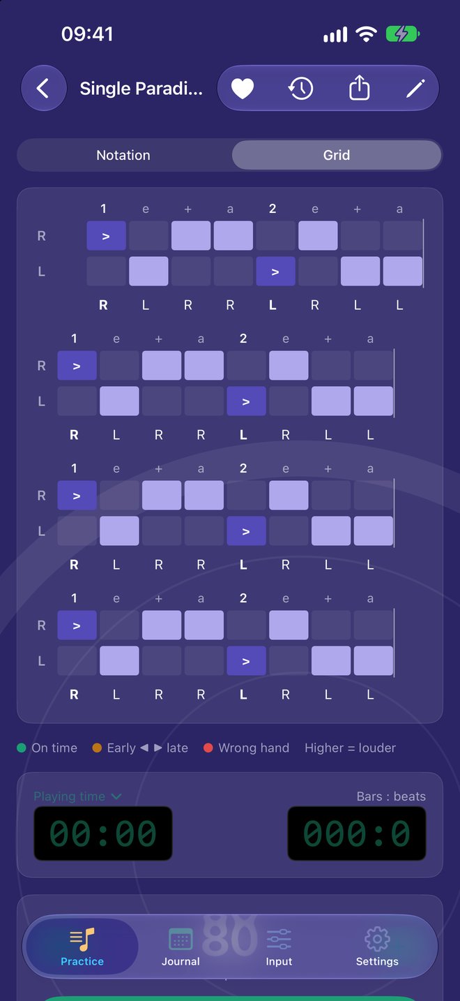 Single Paradiddle in the grid view, right and left hands in lanes