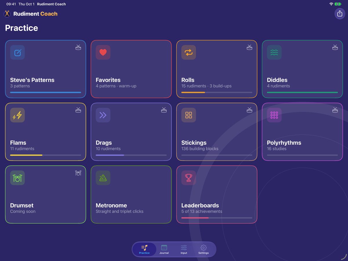 Practice on iPad: your patterns, favorites, rolls, diddles, flams, drags, stickings, polyrhythms, metronome and leaderboards