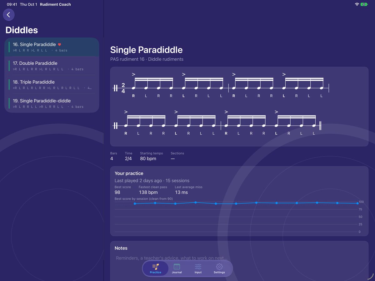 Single Paradiddle in notation beside the diddle rudiments, with your best score and fastest clean pass