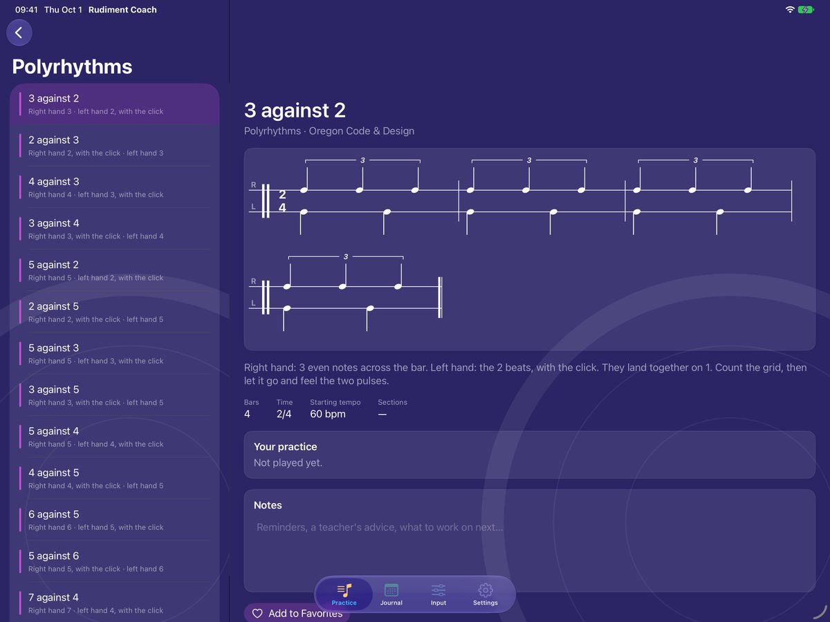 3 against 2 on two lines, beside the list of sixteen polyrhythms