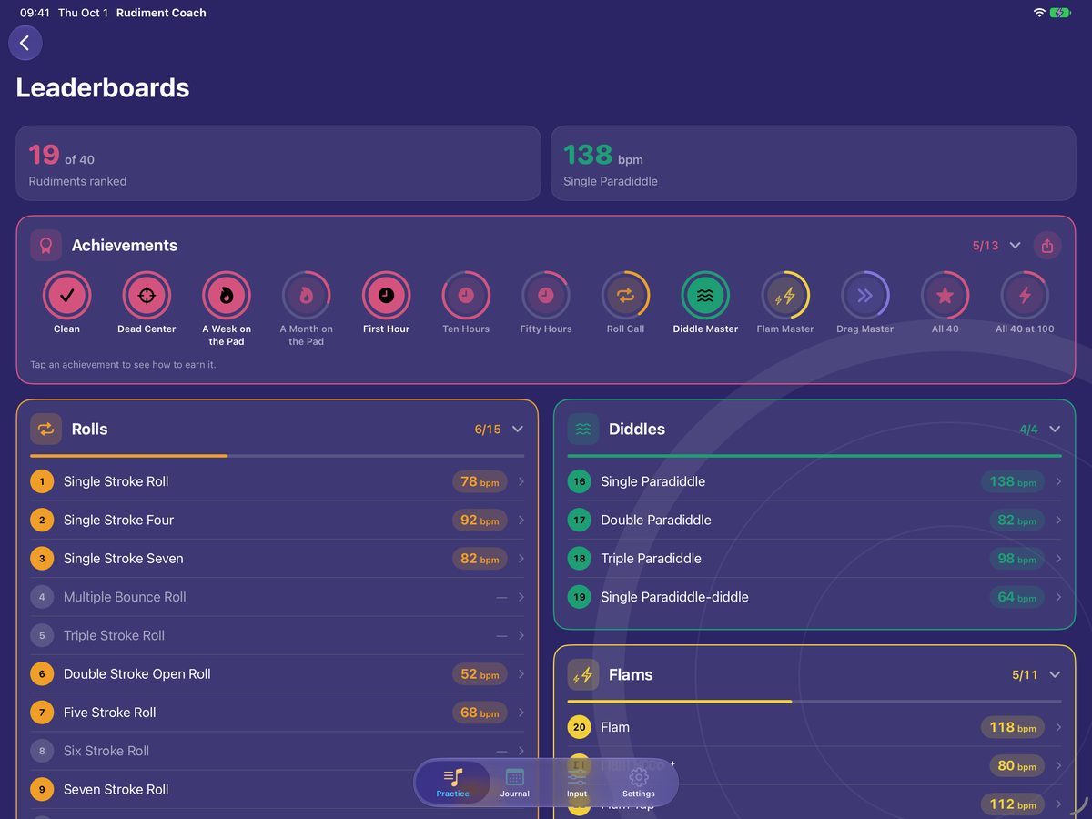 Leaderboards: rudiments ranked by tempo, and achievement medallions