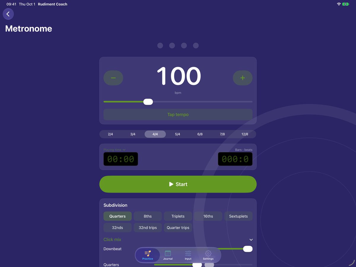 Metronome: tempo, time signature, subdivisions and the click mix