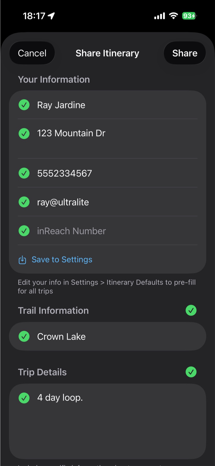 Shared itinerary as a PDF