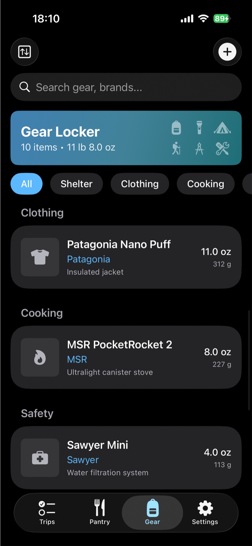 Gear locker with automatic pack weight