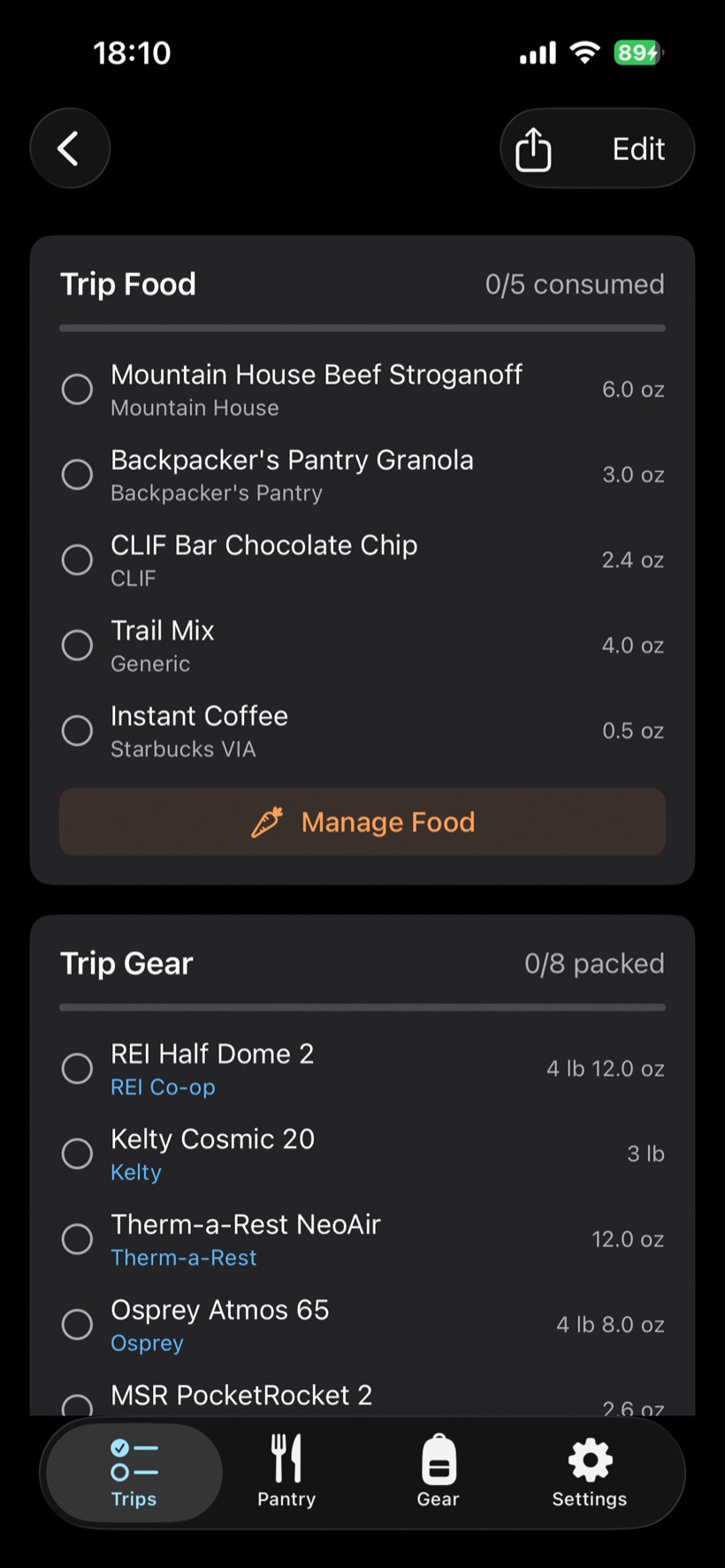 Trip itinerary